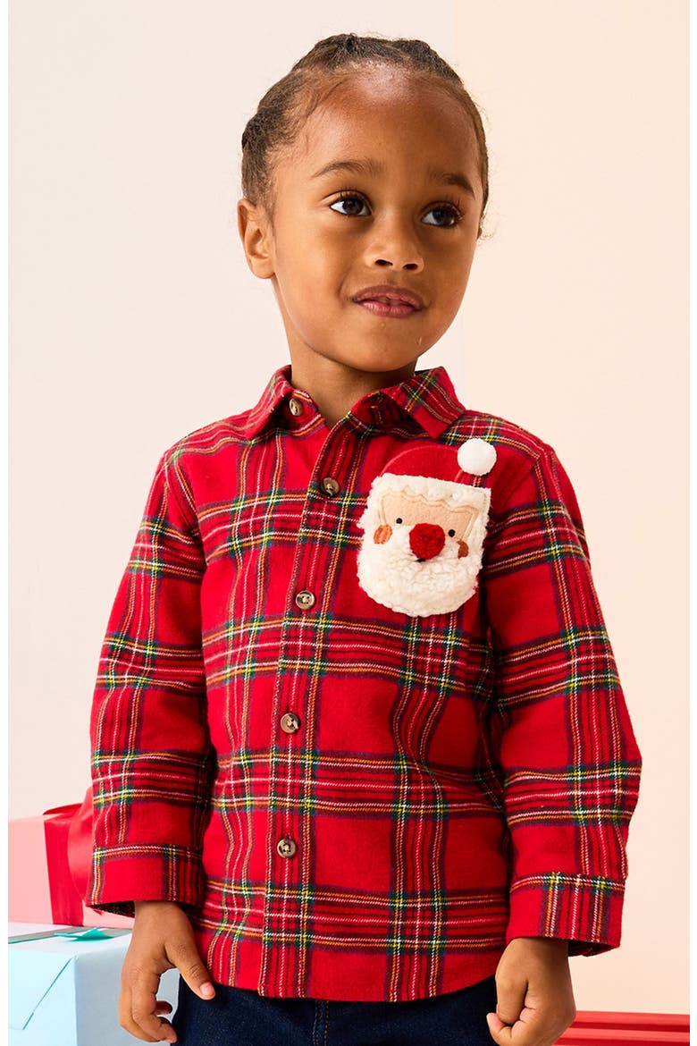 Kids' Santa Face Plaid Flannel Button-Up Shirt, Alternate, color, RED