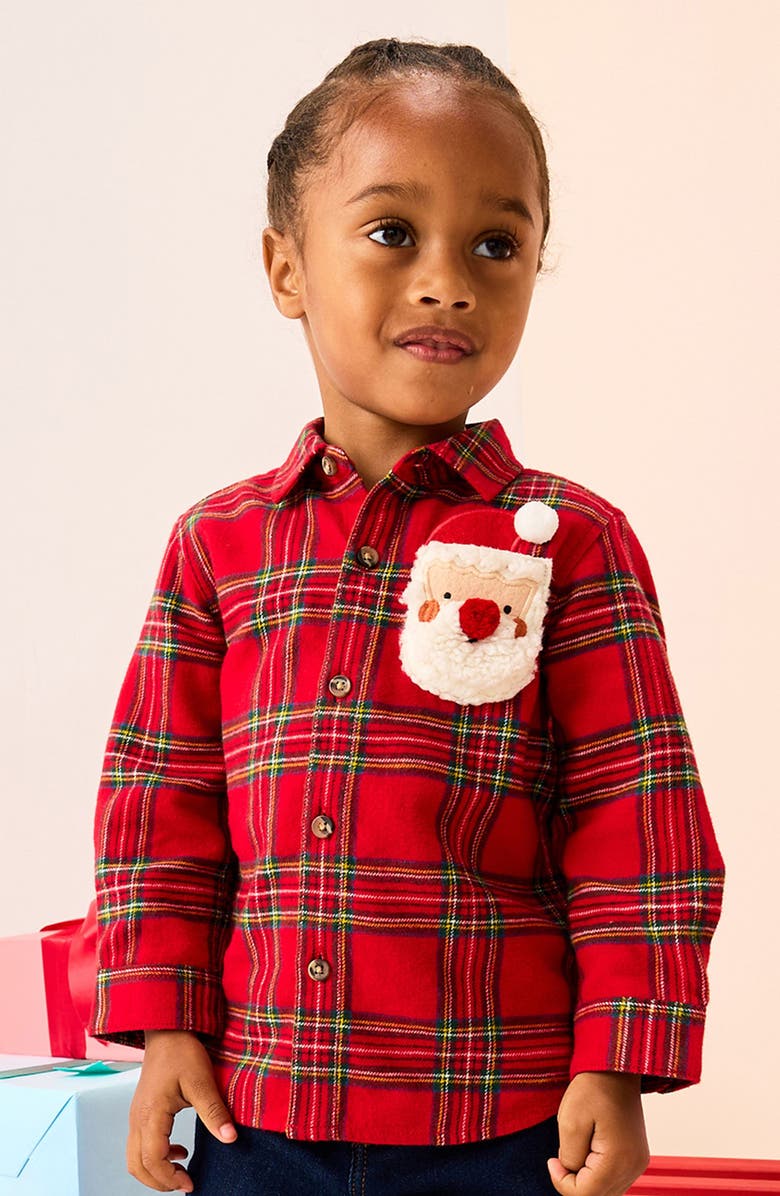 NEXT Kids' Santa Face Plaid Flannel Button-Up Shirt, Alternate, color, Red