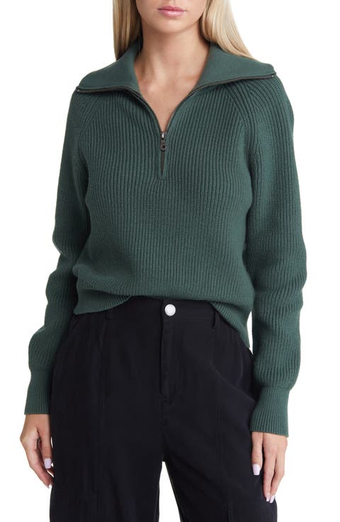 Half Zip Cotton Blend Rib Sweater