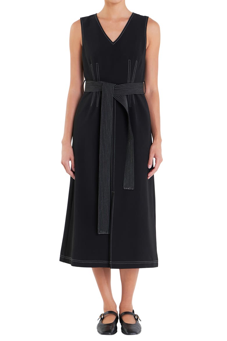 Stitch Detail Tie Belt Dress, Alternate, color, BLACK