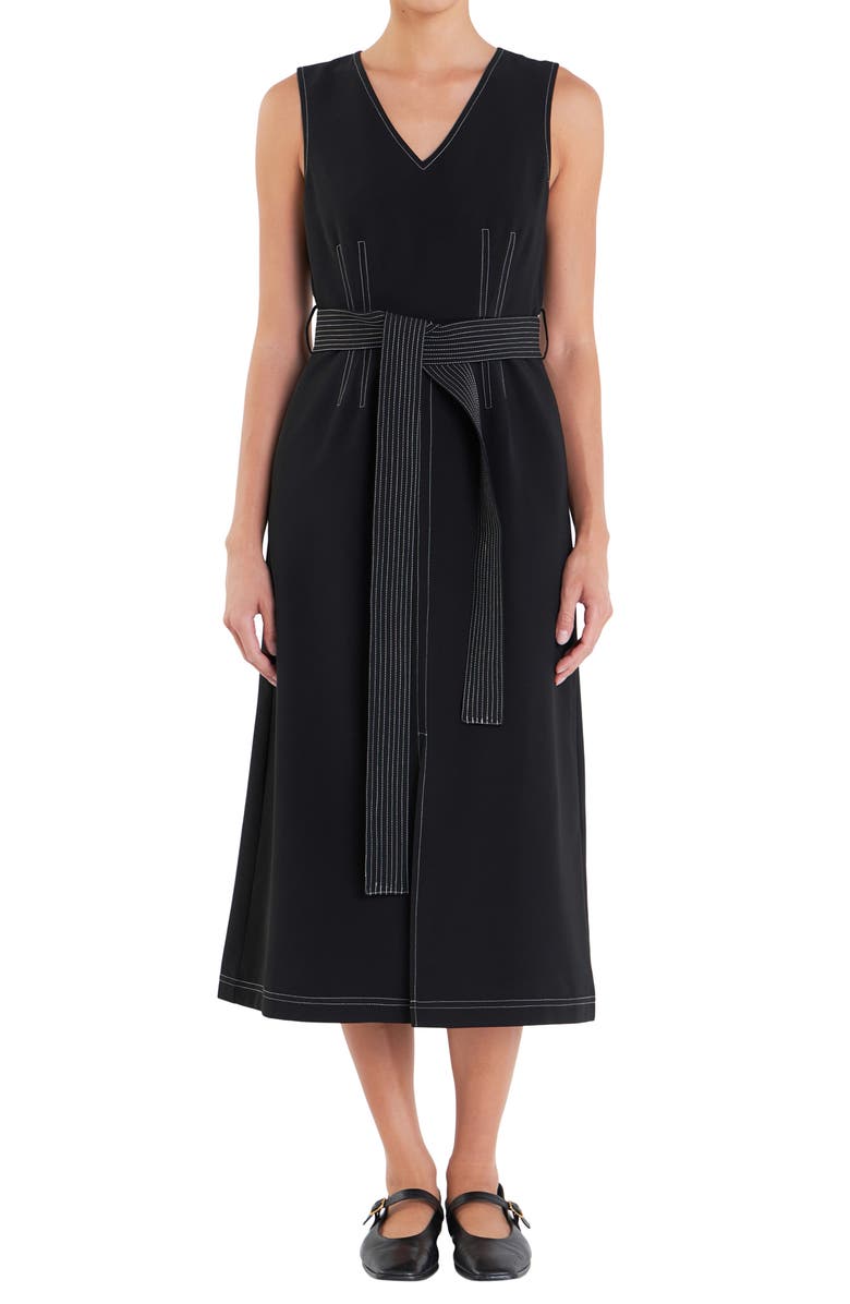 English Factory Stitch Detail Tie Belt Dress, Alternate, color, Black