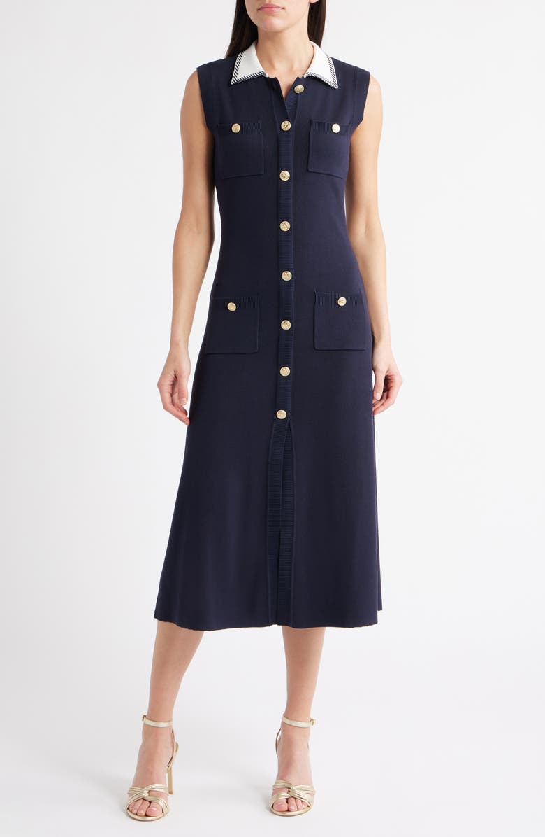 ZOE AND CLAIRE Contrast Collar Button-Up Shirtdress, Main, color, Navy