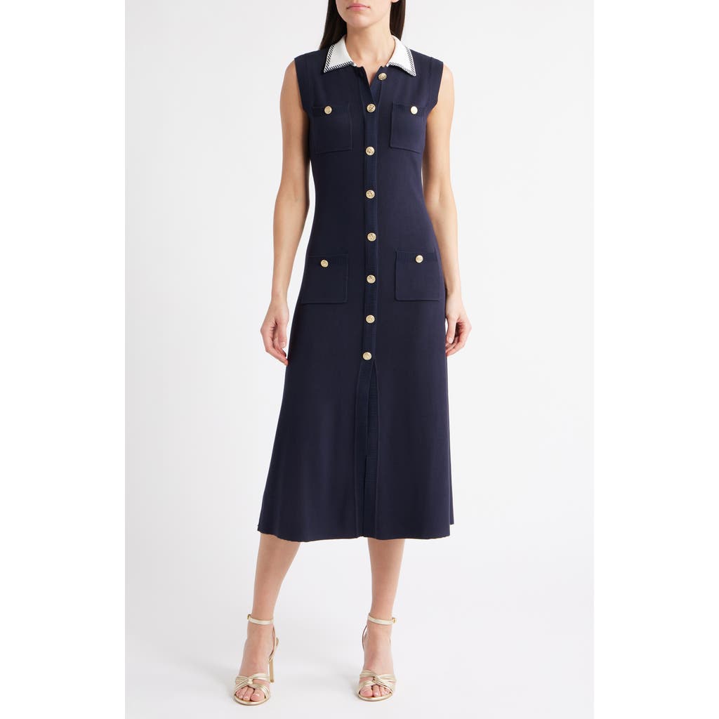 Zoe And Claire Contrast Collar Button-up Shirtdress In Blue