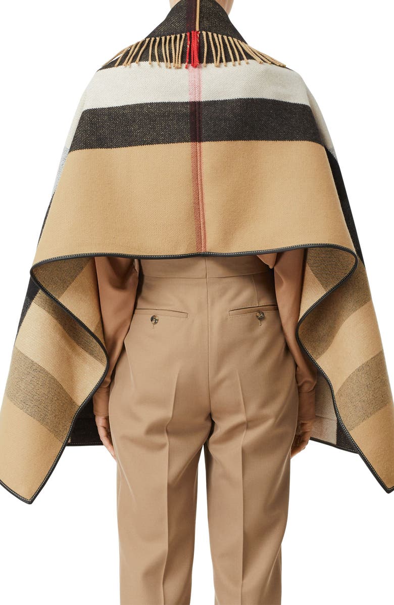 Burberry Check Fringe Wool & Cashmere Cape, Alternate, color,