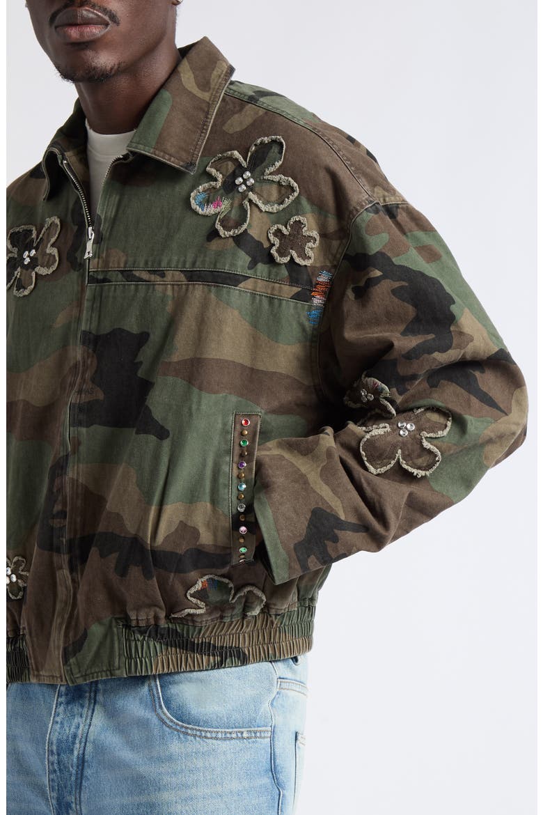 Crystal Embellished Floral Patch Camouflage Print Cotton Twill Jacket, Alternate, color, CAMO TWILL