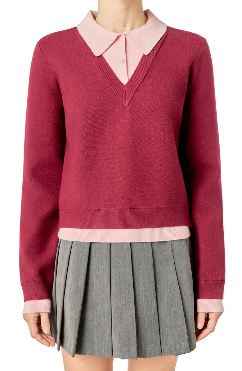 English Factory Layered Collar V-neck Sweater, Alternate, color, Burgundy/ Pink