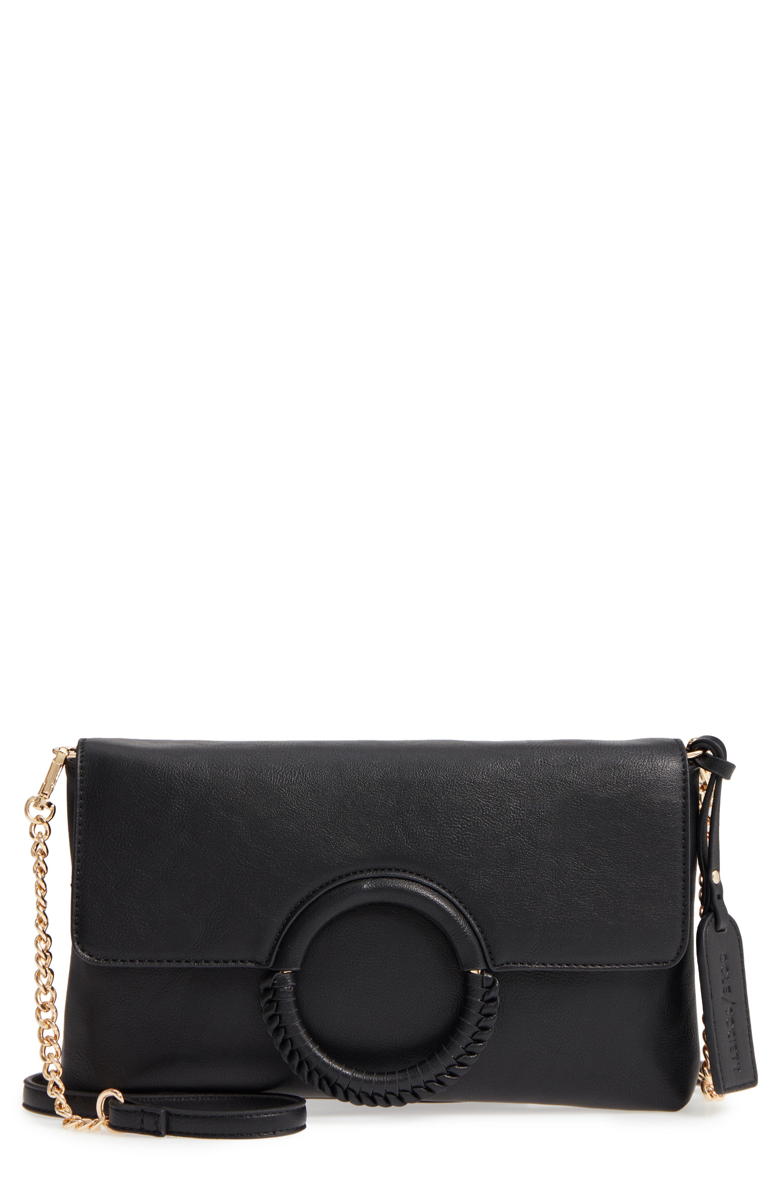 Faux Leather Clutch, Main, color, BLACK