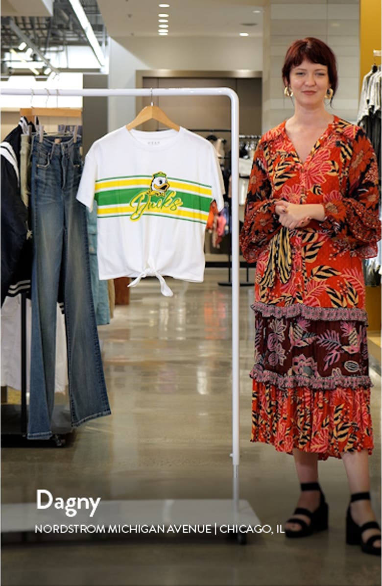 Women's WEAR by Erin Andrews White Oregon Ducks Striped Front Knot Cropped T-Shirt, sales video thumbnail