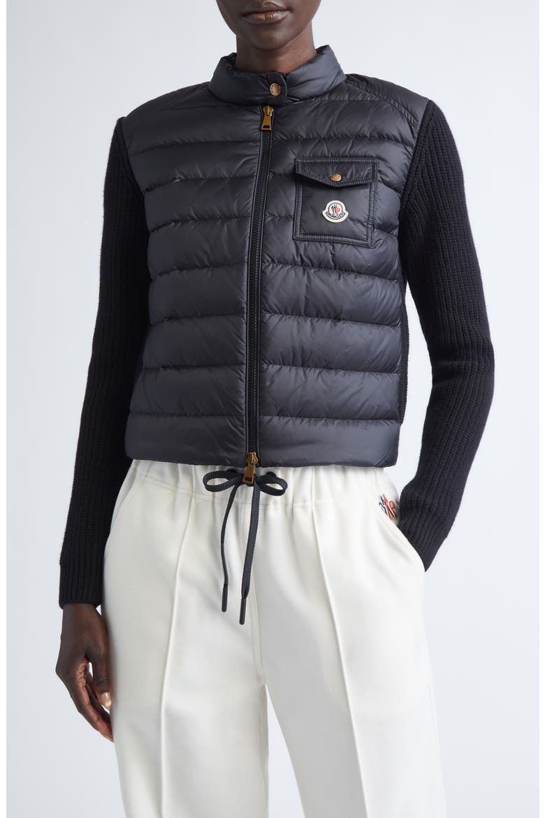 Purl Stitch Wool & Cashmere & Quilted Down Puffer Cardigan, Main, color, BLACK