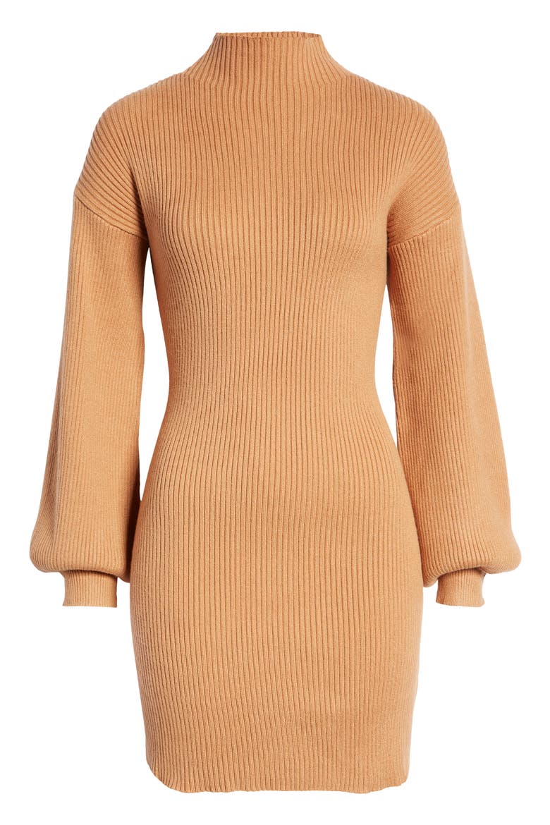 Funnel Neck Ribbed Sweater Dress, Alternate, color, SOFT CAMEL