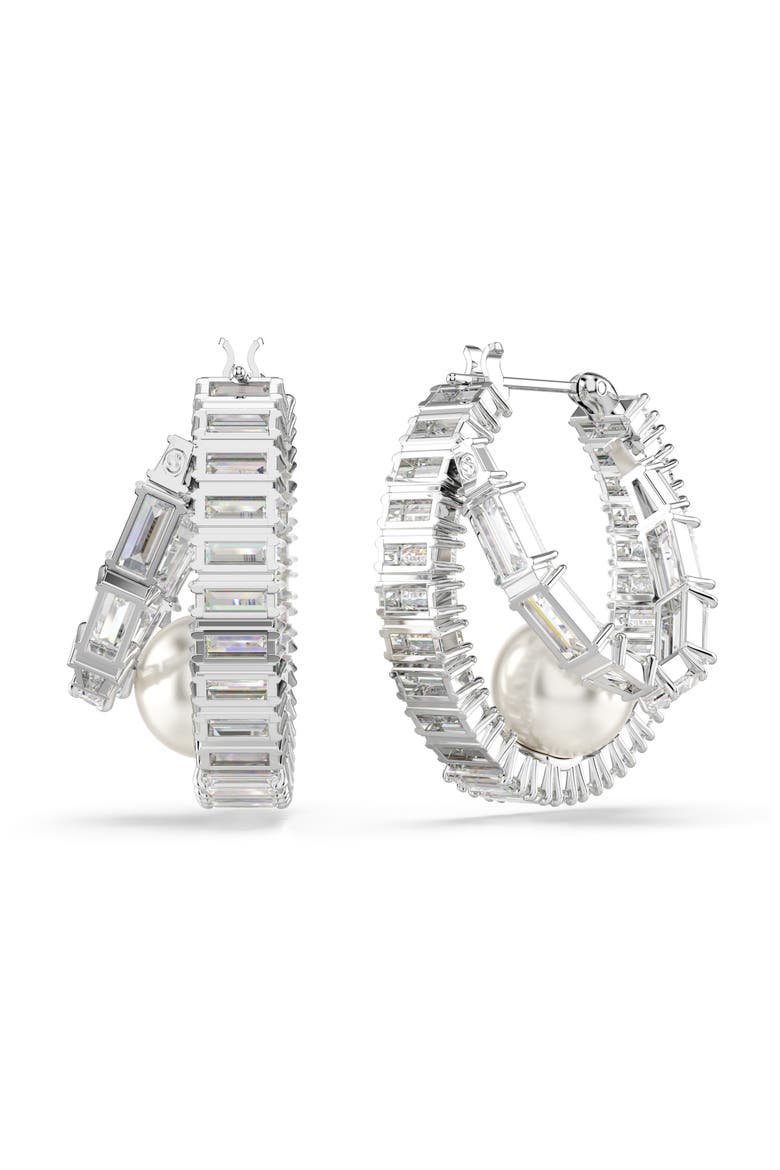 x Ariana Grande Crystal Pearl & Baguette Cut Crystal Double Hoop Earrings, Alternate, color, WHITE/ SILVER