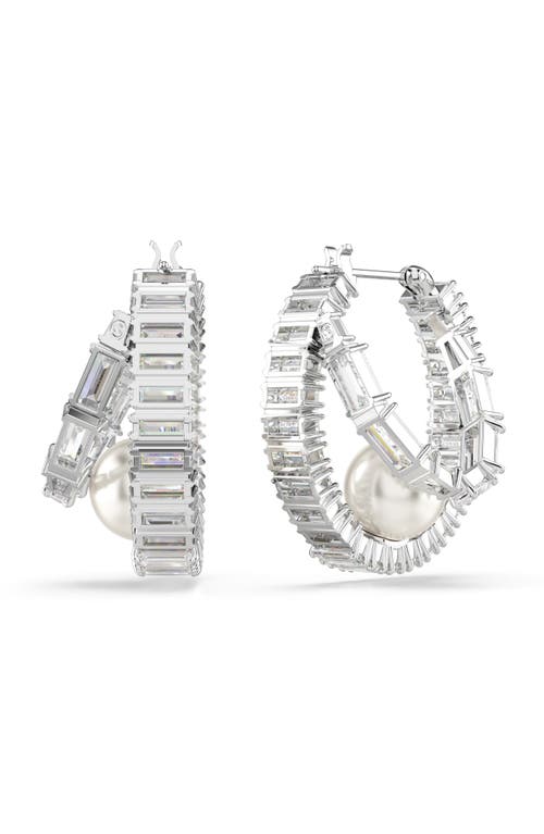 Swarovski Ariana Grande Imitation Pearl & Crystal Baguette Small Hoop Earrings In White/silver