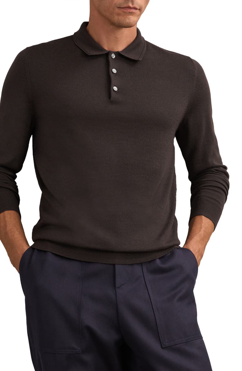 Reiss Trafford Long Sleeve Wool Polo Sweater, Main, color, Chocolate Brown