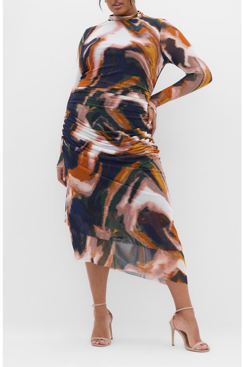 Zia Print Long Sleeve Ruched Mesh Dress, Main, color, GLAZE
