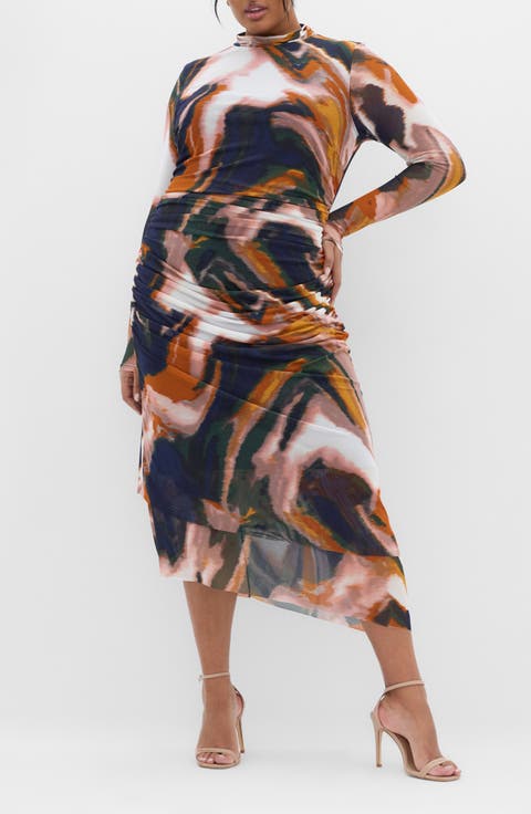 Zia Print Long Sleeve Ruched Mesh Dress (Plus)