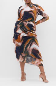 City Chic Zia Print Long Sleeve Ruched Mesh Dress