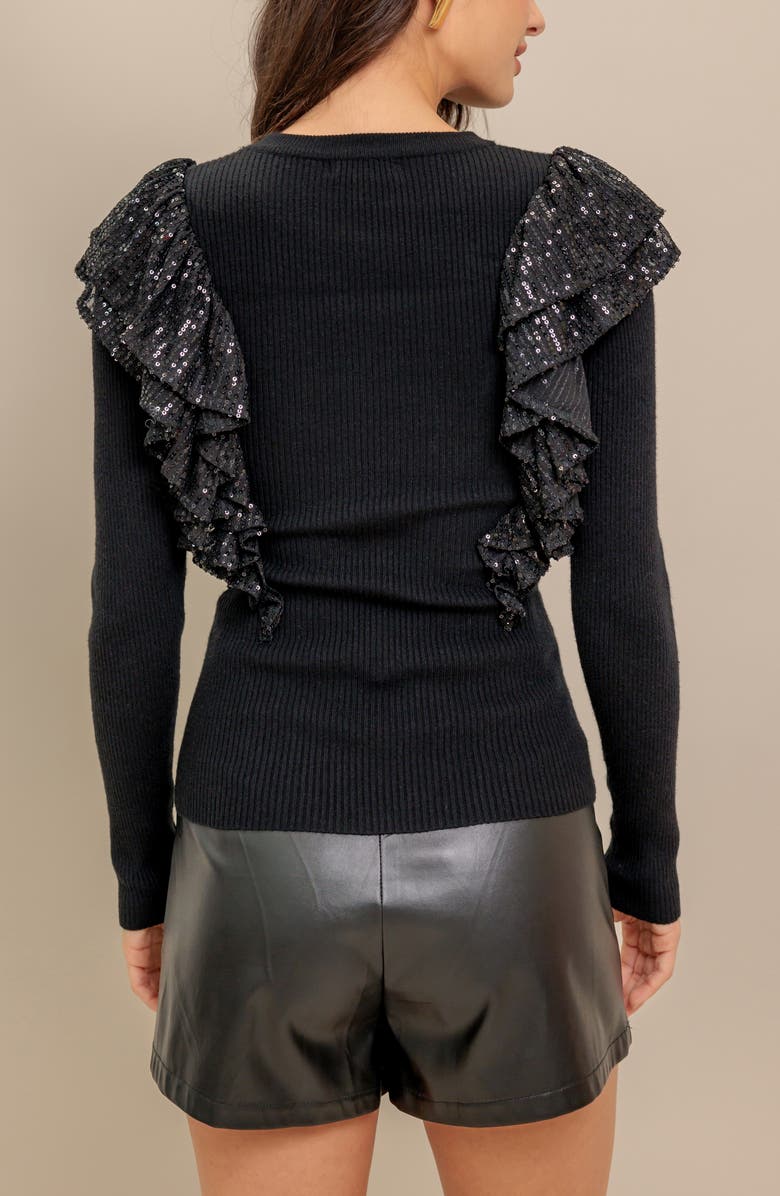 FLYING TOMATO Sequin Ruffle Shoulder Knit Sweater, Alternate, color, Black