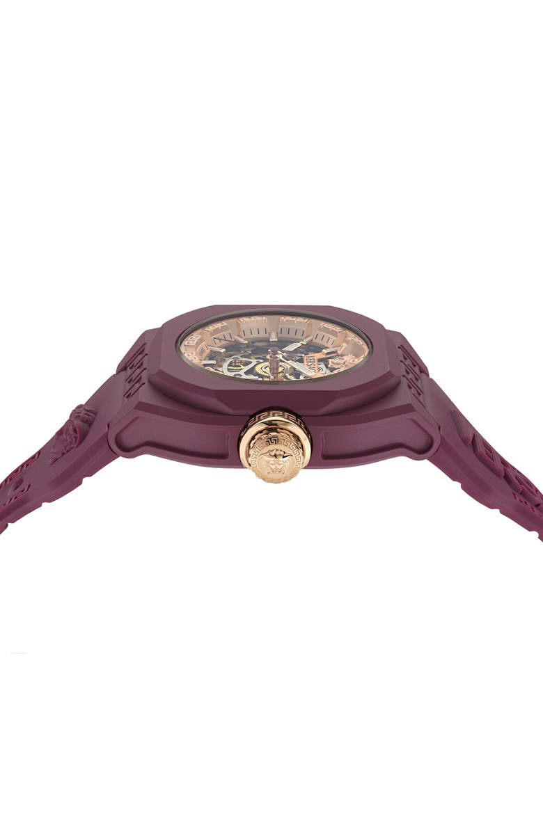 Versace V-Legend Skeleton Recycled Polyurethane Strap Watch, 42mm, Alternate, color, Burgundy