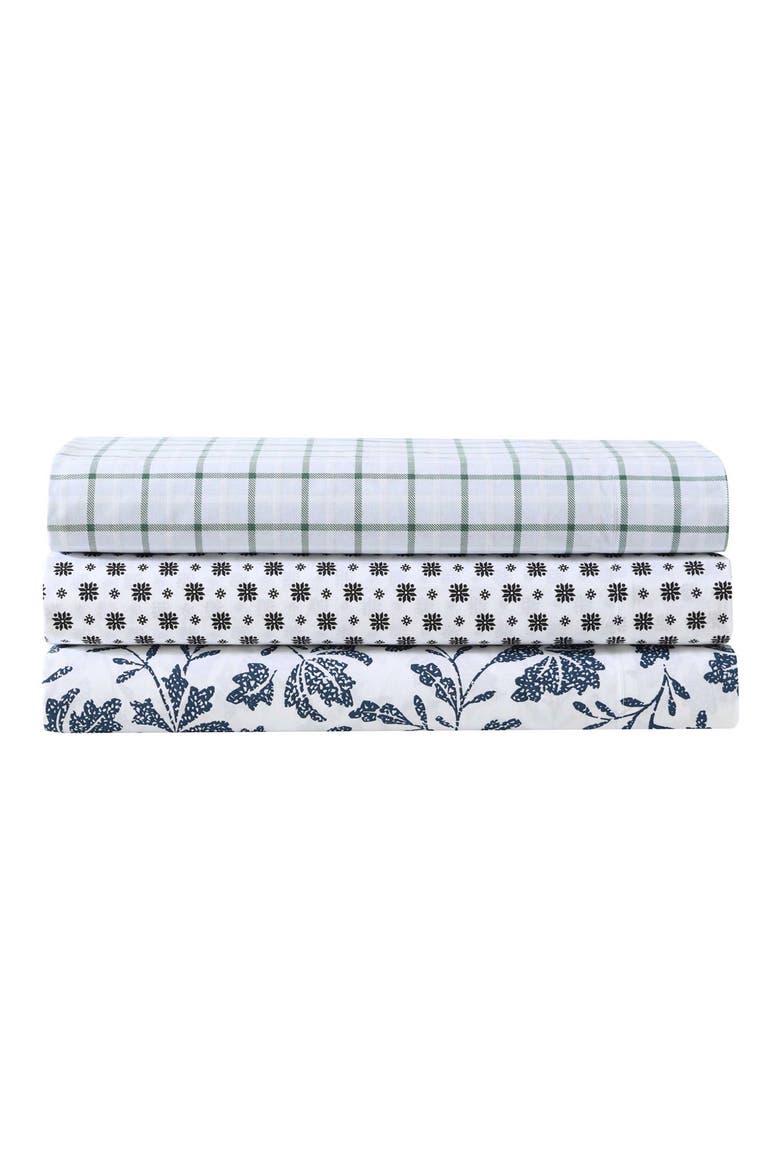 Woodblock Floral 200 Thread Count Cotton Percale Sheet Set, Alternate, color, WHITE/ BLUE