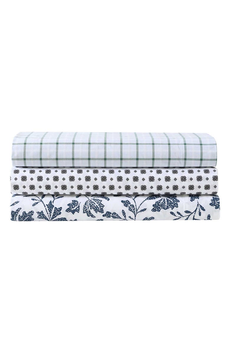Eddie Bauer Woodblock Floral 200 Thread Count Cotton Percale Sheet Set, Alternate, color, White/ Blue