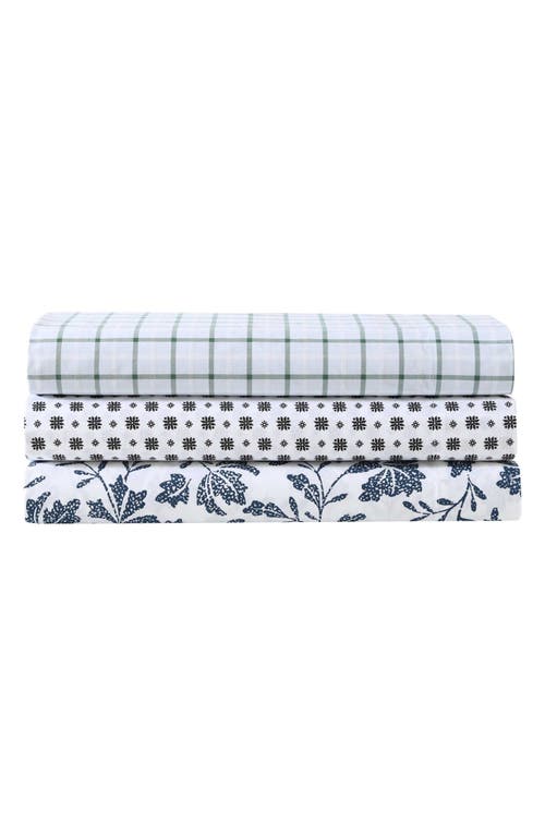 Eddie Bauer Woodblock Floral 200 Thread Count Cotton Percale Sheet Set In White/blue