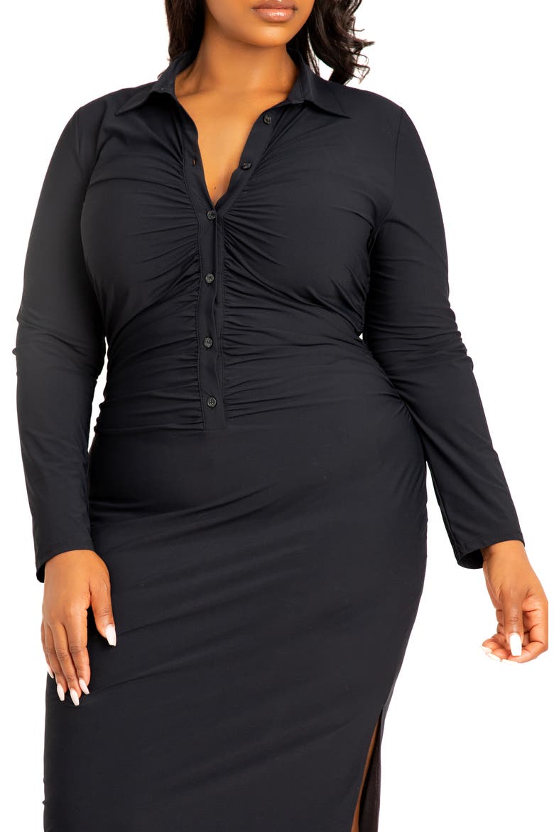Ruched Long Sleeve Body-Con Shirtdress, Alternate, color, BLACK