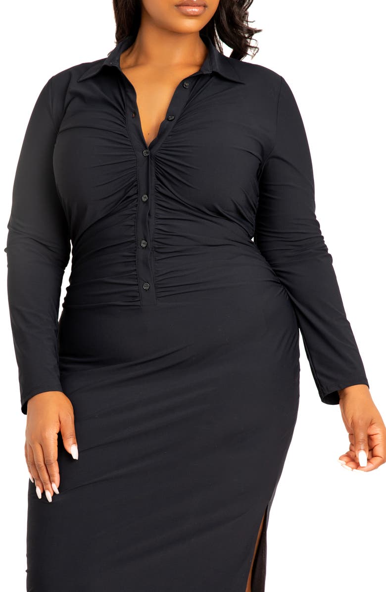 BUXOM COUTURE Ruched Long Sleeve Body-Con Shirtdress, Alternate, color, Black