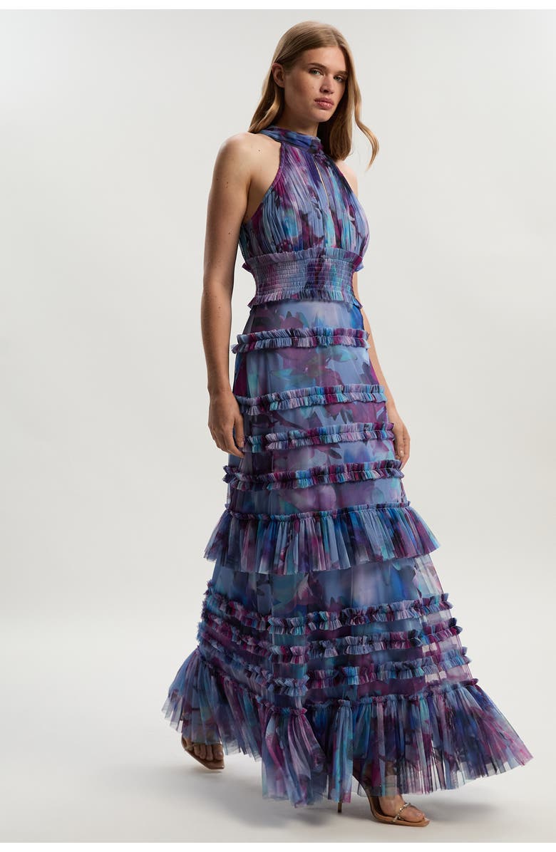 Karen Millen Tulle Layered Halter Neck Maxi Dress, Alternate, color, Floral