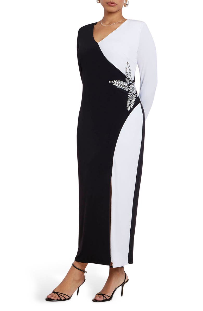 ELOQUII Colorblock Embellished Long Sleeve Maxi Cocktail Dress, Main, color, 