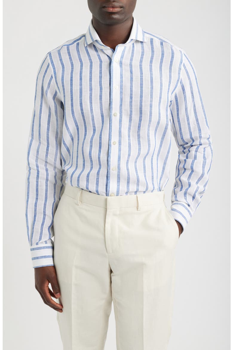 Stripe Slub Linen Button-Up Shirt, Main, color, BLUE