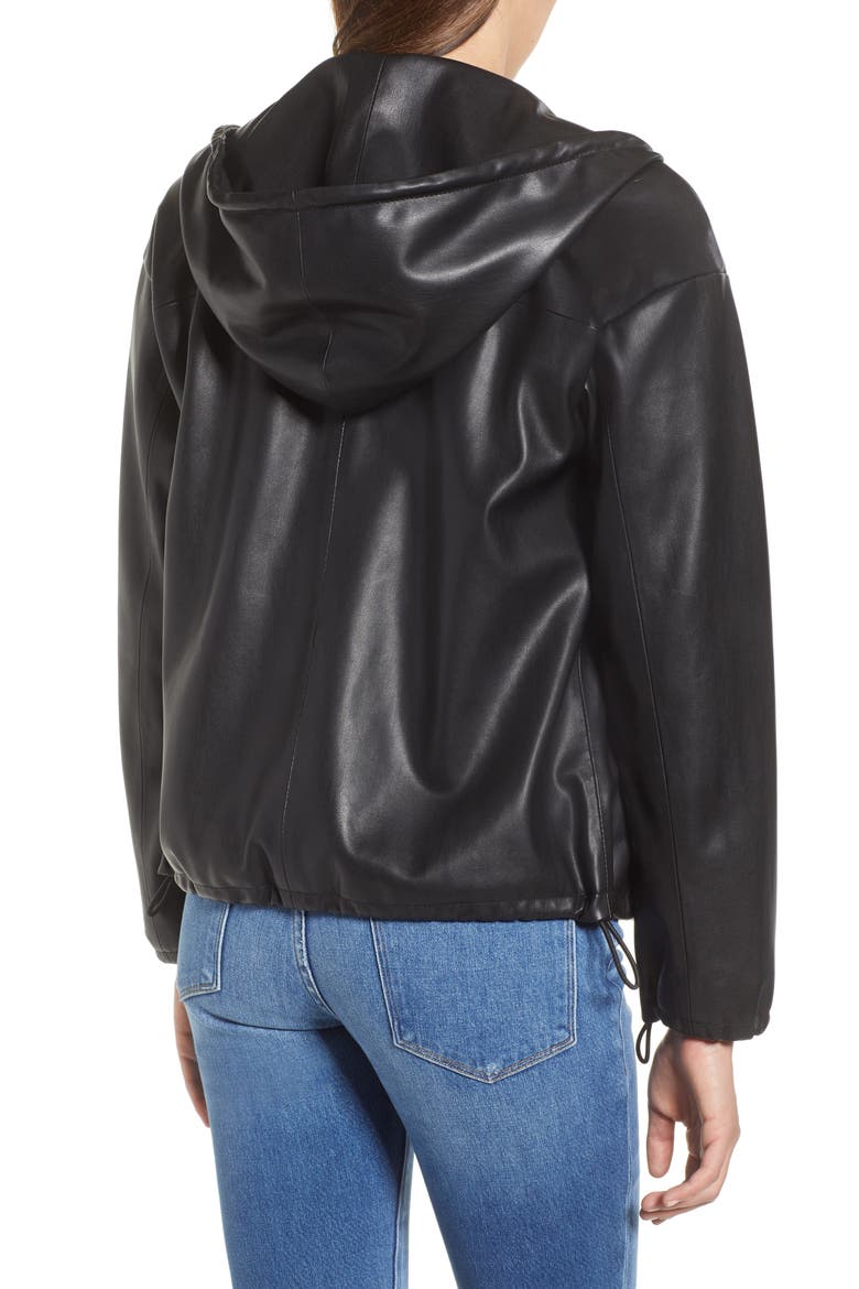 Faux Leather Zip Hoodie, Alternate, color, BLACK