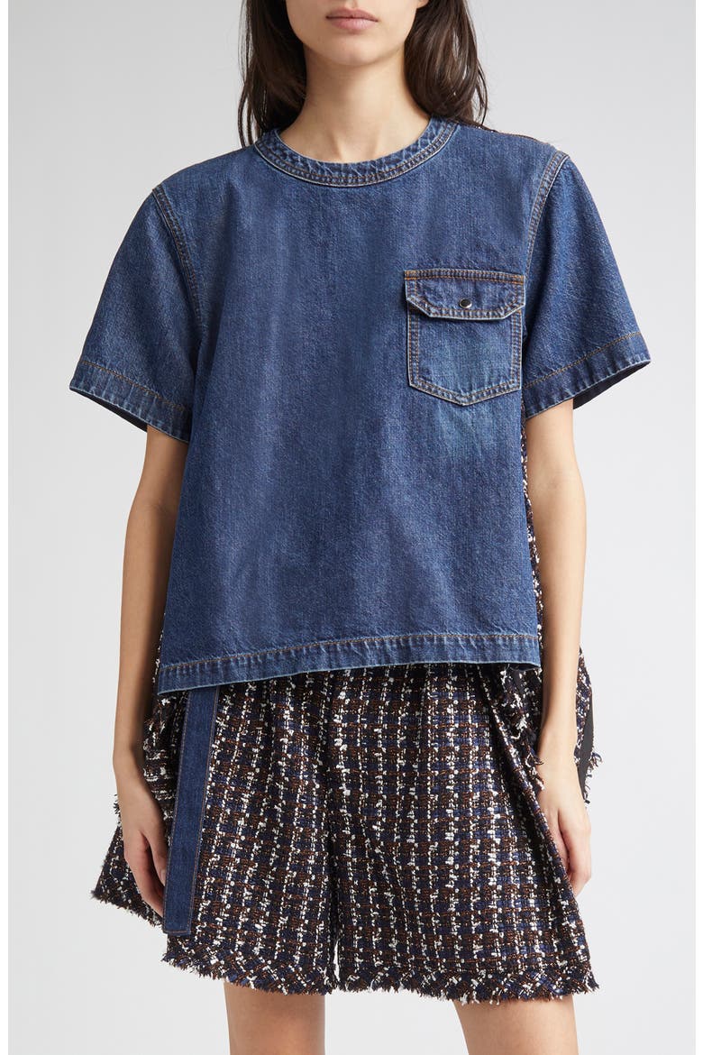 Sacai Mixed Media Denim & Tweed Top (Women) | Nordstrom