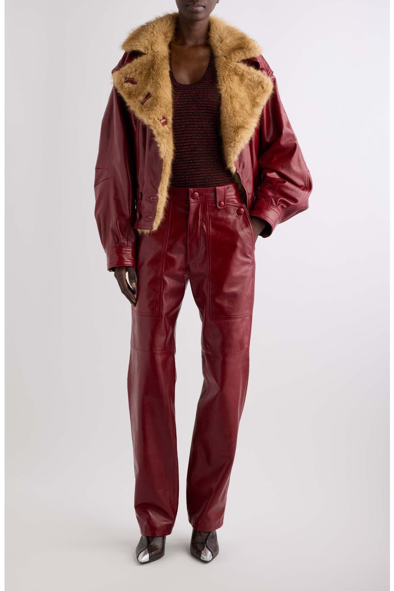 Valina Leather Jacket with Faux Fur Collar, Alternate, color, DEEP RED