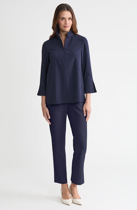 Stretch Deco Crepe Zip Front Pullover Blouse