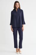 Ming Wang Stretch Deco Crepe Zip Front Pullover Blouse
