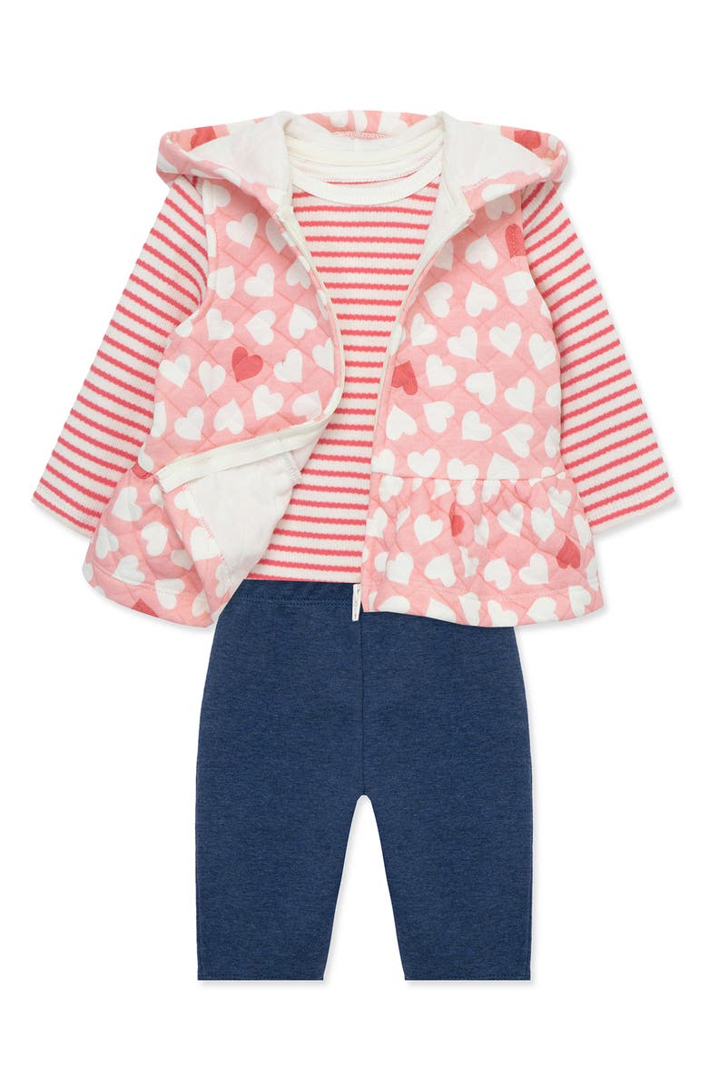 Little Me Sweetheart Long Sleeve Bodysuit, Hooded Quilted Vest & Pants Set, Alternate, color,