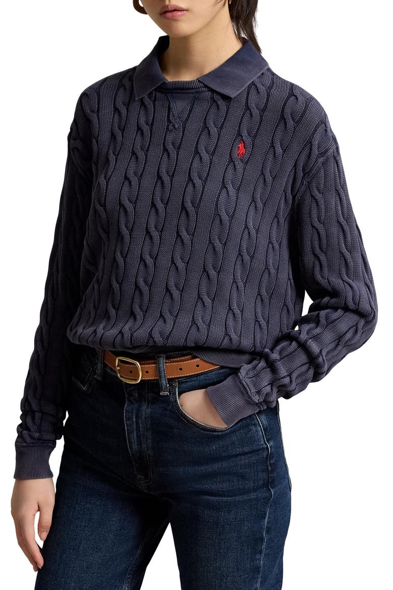 Cable Knit Polo Sweater, Main, color, BLUE