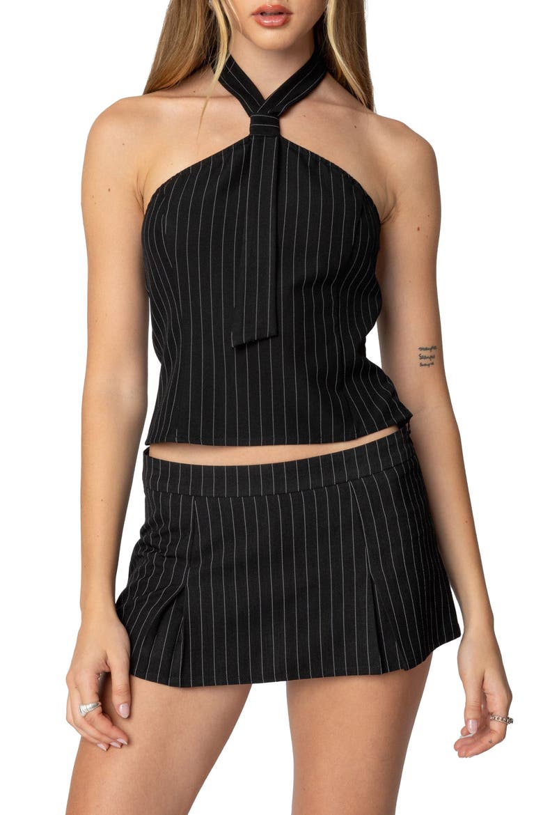 Karine Pinstripe Tie Halter Top, Main, color, BLACK