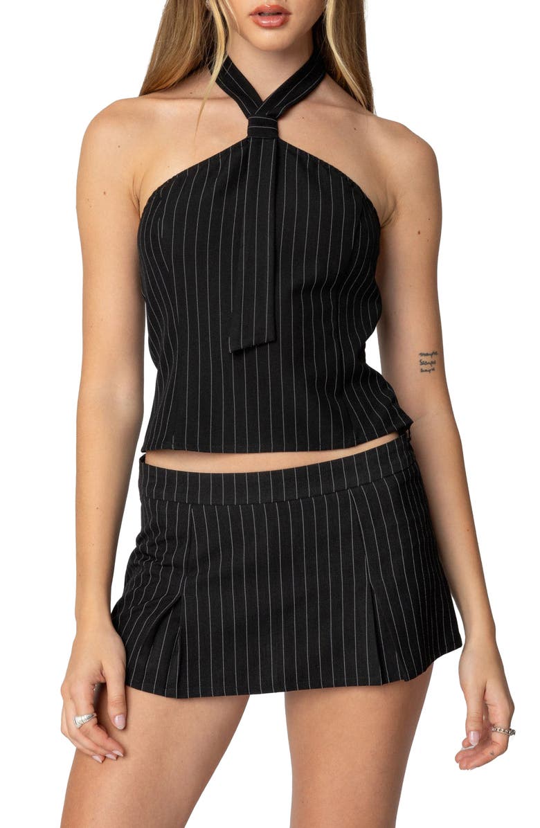 EDIKTED Karine Pinstripe Tie Halter Top, Main, color, Black
