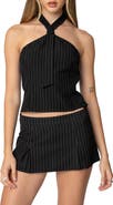 EDIKTED Karine Pinstripe Tie Halter Top