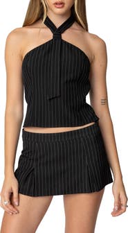 EDIKTED Karine Pinstripe Tie Halter Top