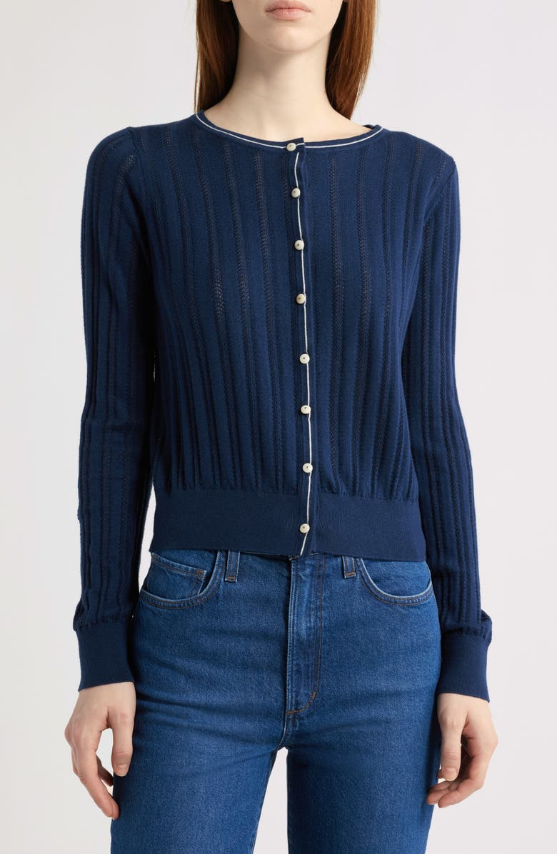 MARGARET O'LEARY Contrast Stripe Rib Petit Cardigan, Main, color, 