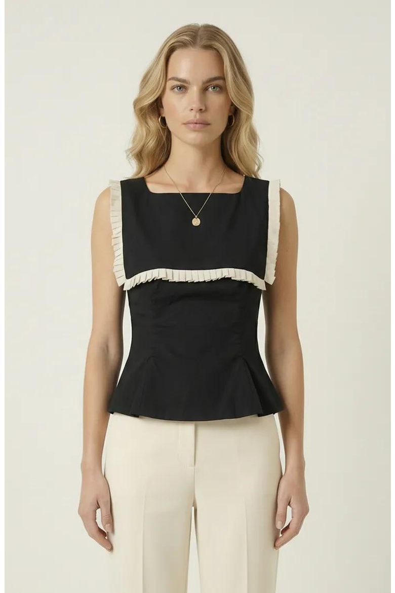 Contrast Bib Ruffle Trim Peplum Top, Main, color, Black / Cream