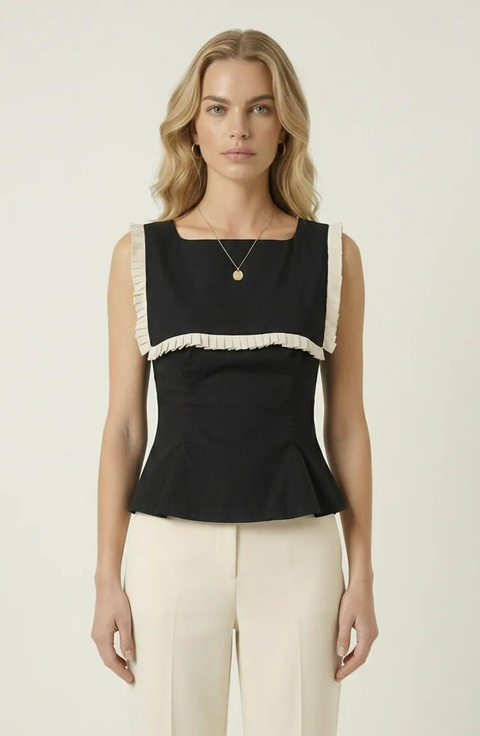 Contrast Bib Ruffle Trim Peplum Top