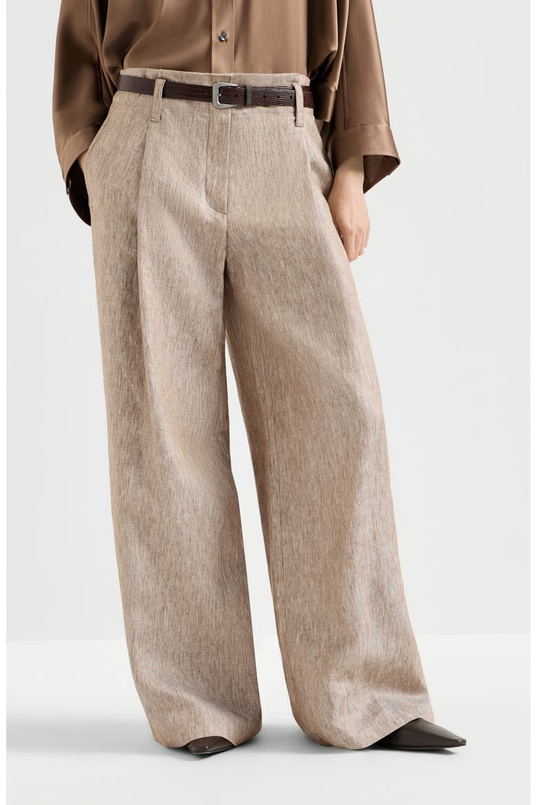 Linen denim pleated A-Line trousers with monili, Main, color, Beige