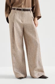 Brunello Cucinelli Linen denim pleated A-Line trousers with monili