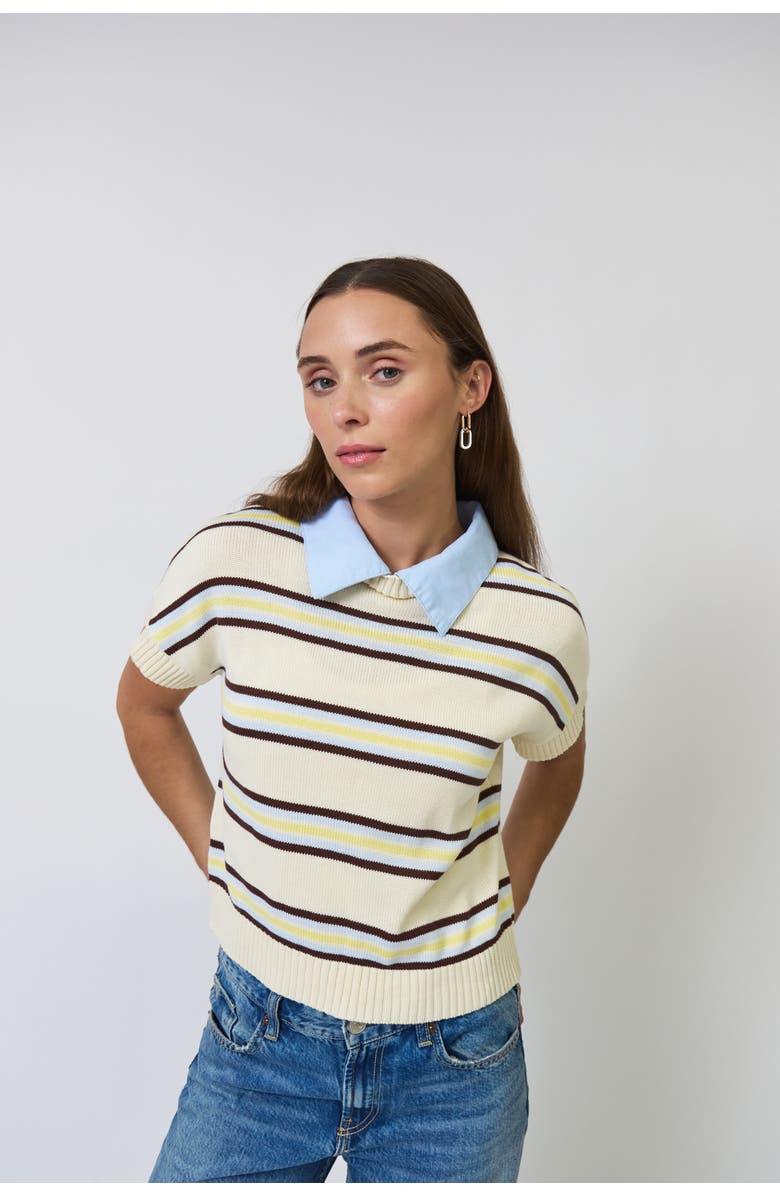 Central Park West Chloe Stripe Oxford Collar Tee, Main, color, Blue Stripe