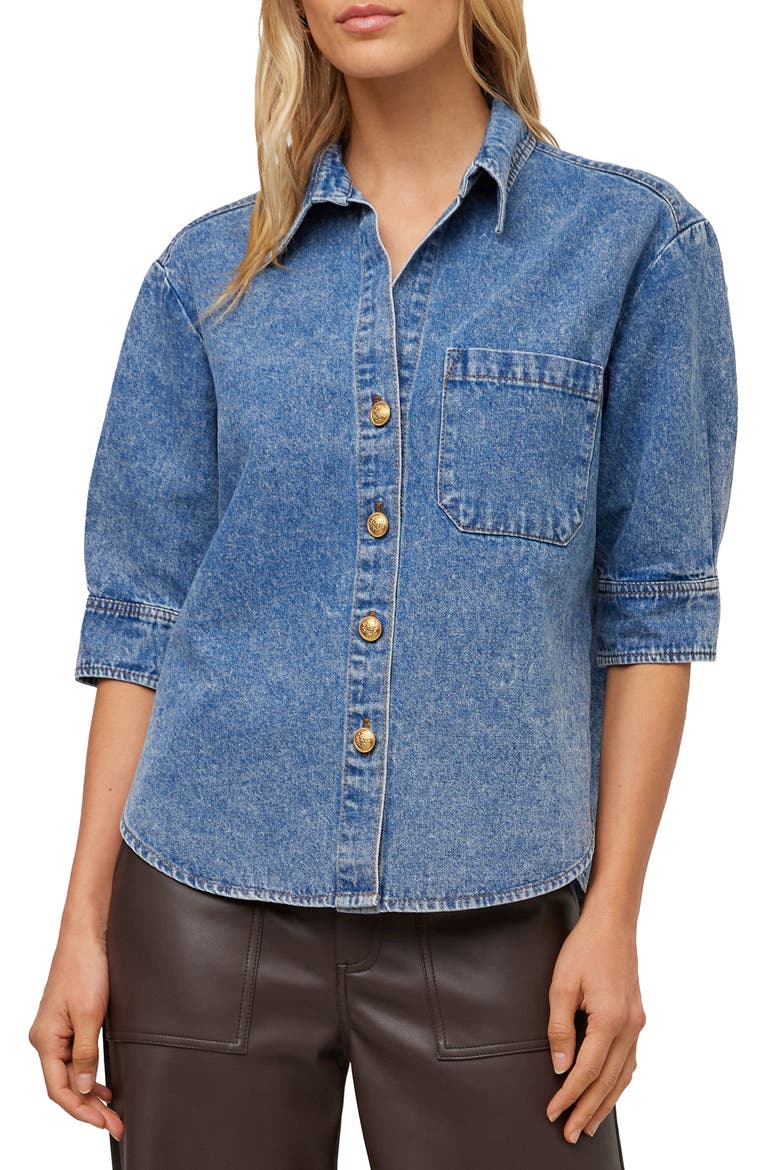 Suri Elbow Sleeve Button Up Top, Main, color, DENIM