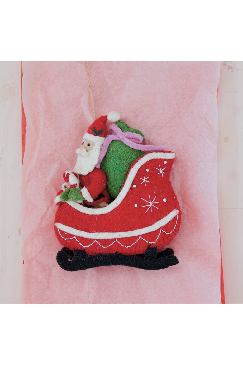 Embroidered Wool Felt Santa Sleigh Ornament with Metallic String, Main, color, Multicolor