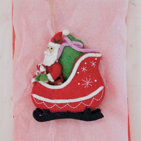 Embroidered Wool Felt Santa Sleigh Ornament with Metallic String